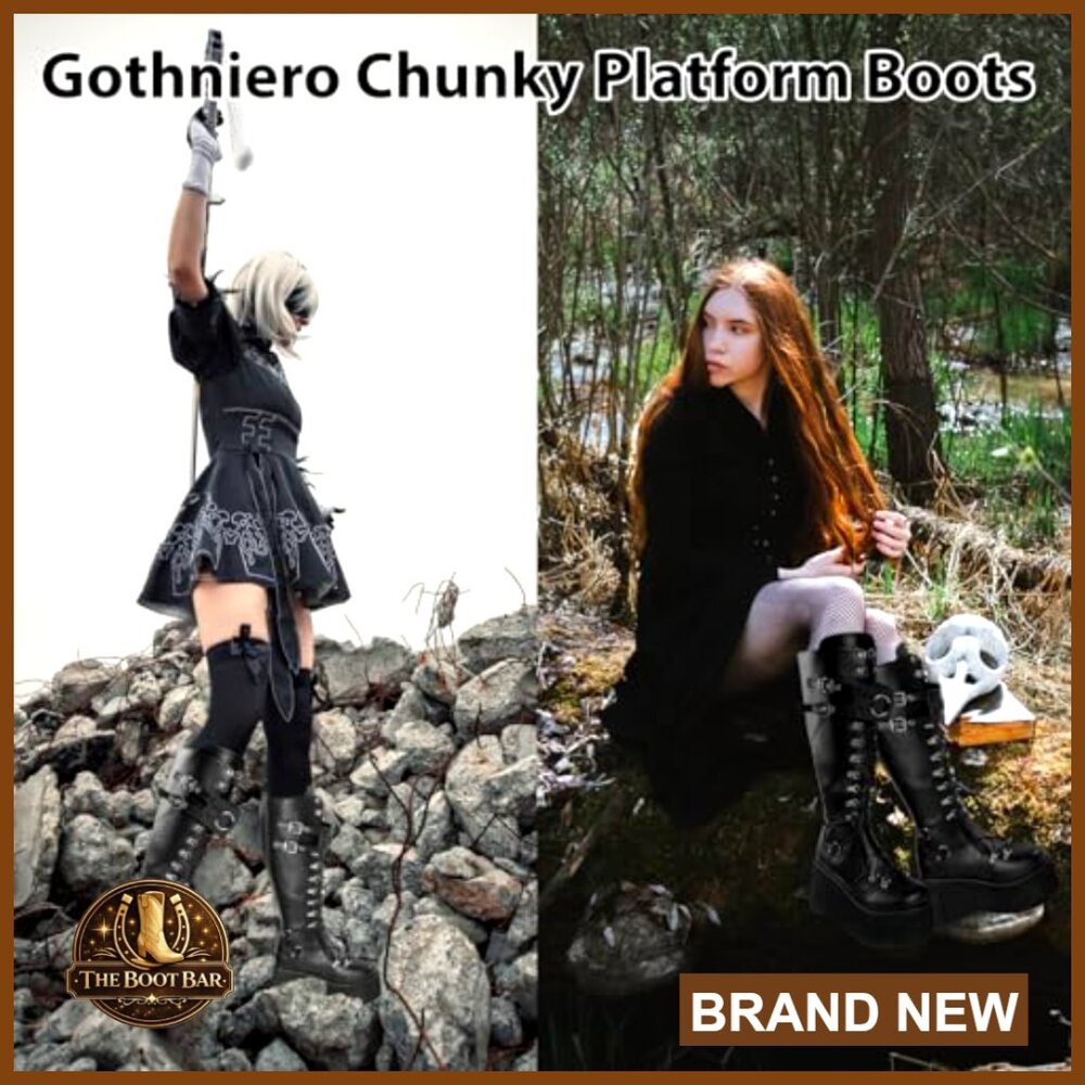 Black Leather Platform Combat Boots with Chunky Heel and Lace Up Closure - Picture 4 of 7
